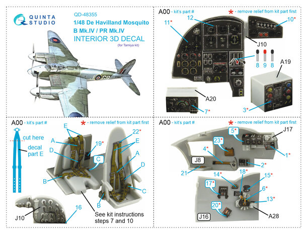 Quinta Studio QD48355 - DH Mosquito B Mk.IV/PR Mk.IV 3D-Printed & coloured Interior on decal paper (for Tamiya kit)  - 1:48