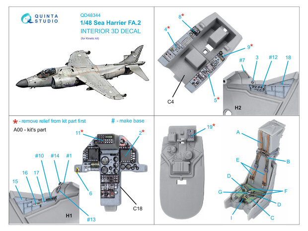 Quinta Studio QD48344 - Sea Harrier FA.2 3D-Printed & coloured Interior on decal paper (for Kinetic kit)  - 1:48