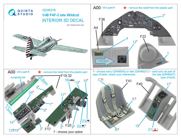 Quinta Studio QD48318 - F4F-3 late 3D-Printed & coloured Interior on decal paper (for Hobby Boss kit)  - 1:48