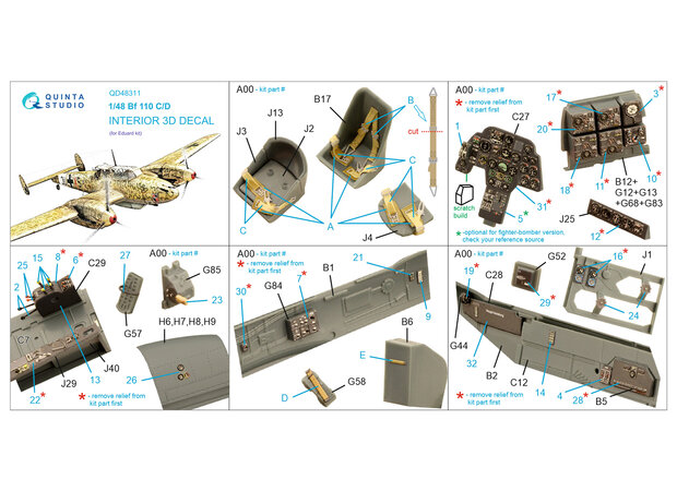 Quinta Studio QD48311 - Bf 110C/D 3D-Printed & coloured Interior on decal paper (for Eduard kit)  - 1:48