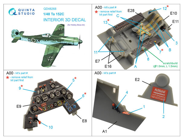 Quinta Studio QD48268 - Ta 152C 3D-Printed & coloured Interior on decal paper (for Hobby Boss kit)  - 1:48