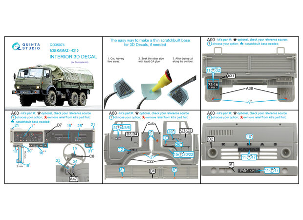 Quinta Studio QD35074 - KAMAZ 4310 3D-Printed & coloured Interior on decal paper (for Trumpeter kit)  - 1:35