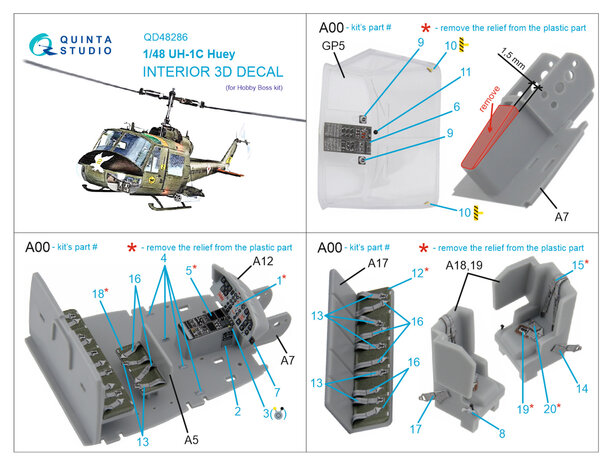 Quinta Studio QD48286 - UH-1C 3D-Printed & coloured Interior on decal paper (for HobbyBoss kit) - 1:48