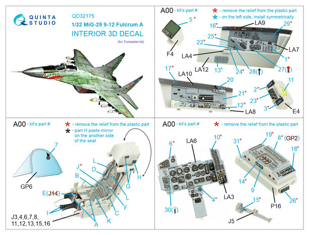 Quinta Studio QD32175 - MiG-29 9-12 Fulcrum A 3D-Printed & coloured Interior on decal paper (for Trumpeter kit) - 1:32