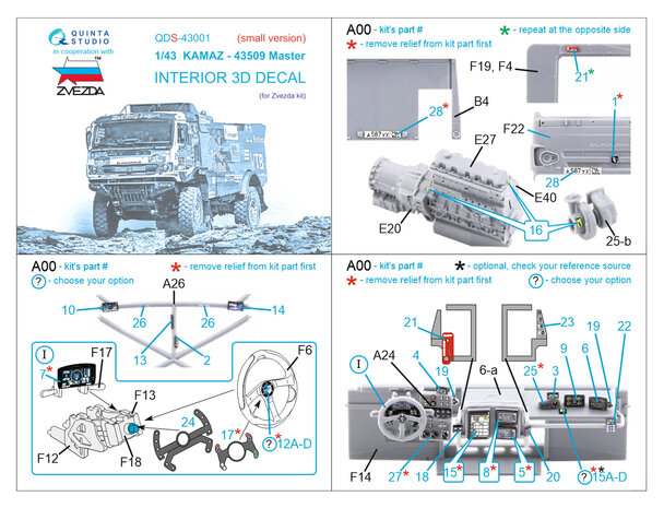 Quinta Studio QDS-43001 - KAMAZ-43509 3D-Printed & coloured Interior on decal paper (for Zvezda kit) - Small Version - 1:43