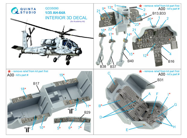 Quinta Studio QD35090 - AH-64A 3D-Printed & coloured Interior on decal paper (for Academy kit) - 1:35