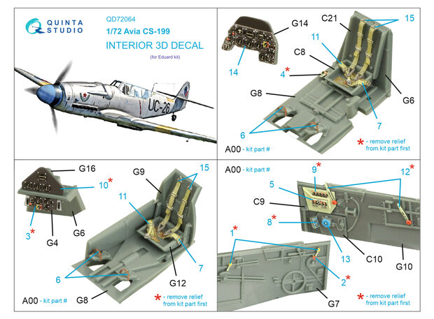 Quinta Studio QD72064 - Avia CS-199 3D-Printed & coloured Interior on decal paper (for Eduard kit) - 1:72