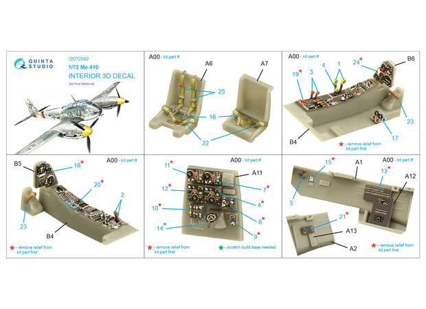 Quinta Studio QD72062 - Me 410 3D-Printed & coloured Interior on decal paper (for Fine Molds kit) - 1:72