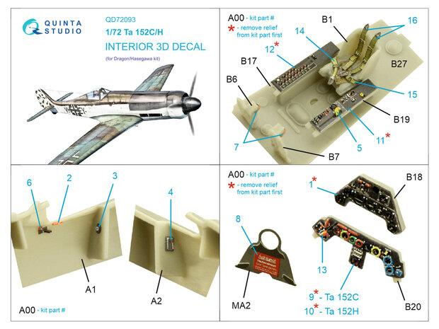 Quinta Studio QD72093 - Ta 152C/H 3D-Printed & coloured Interior on decal paper (for Dragon) - 1:72