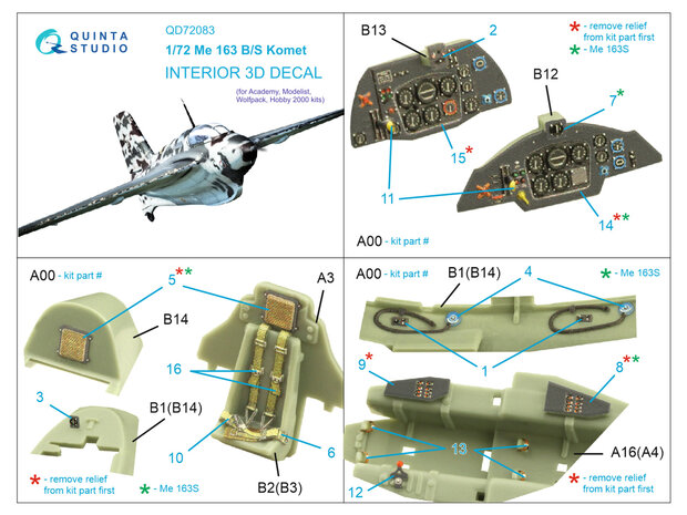 Quinta Studio QD72083 - Me 163 3D-Printed & coloured Interior on decal paper (for Academy) - 1:72