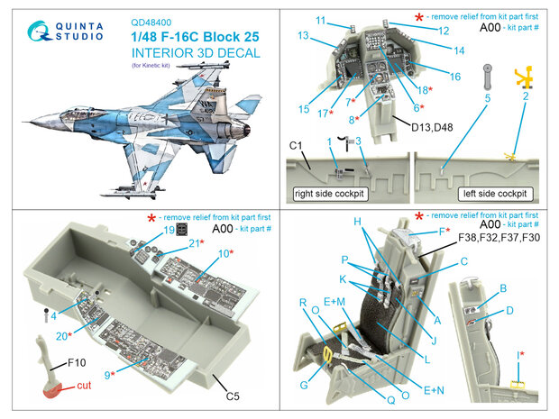 Quinta Studio QD48400 - F-16C block 25 3D-Printed & coloured Interior on decal paper (Kinetic 2022 tool) - 1:48