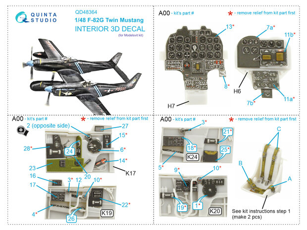 Quinta Studio QD48364 - F-82G Twin Mustang 3D-Printed & coloured Interior on decal paper (for Modelsvit kit) - 1:48