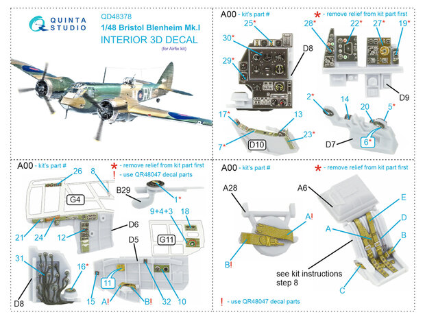 Quinta Studio QD48378 - Bristol Blenheim Mk.I 3D-Printed & coloured Interior on decal paper (for Airfix kit) - 1:48