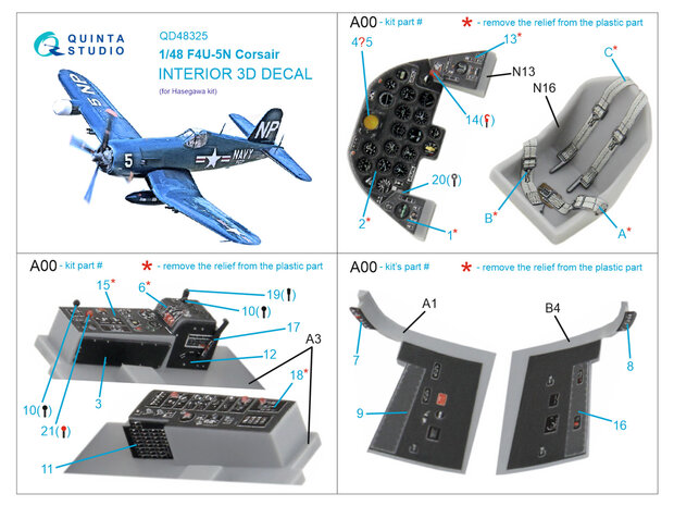 Quinta Studio QD48325 - F4U-5N 3D-Printed & coloured Interior on decal paper (for Hasegawa kit) - 1:48