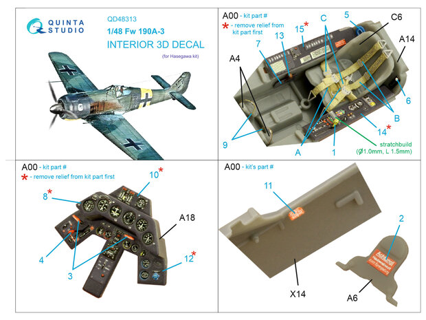 Quinta Studio QD48313 - Fw 190A-3 3D-Printed & coloured Interior on decal paper (for Hasegawa kit) - 1:48