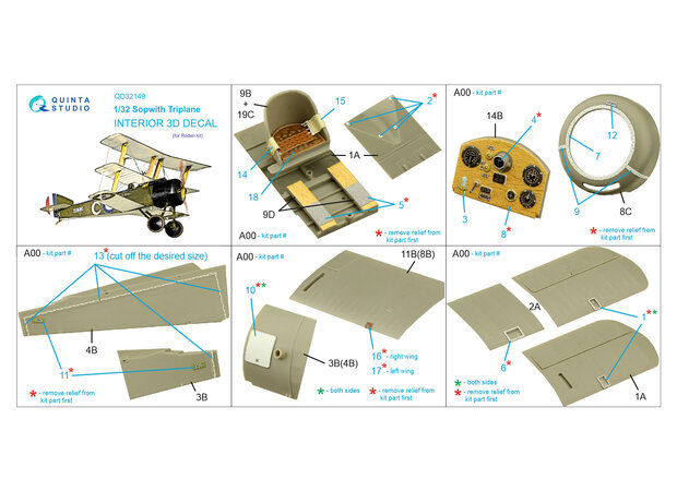 Quinta Studio QD32149 - Sopwith Triplane 3D-Printed & coloured Interior on decal paper (Roden) - 1:32