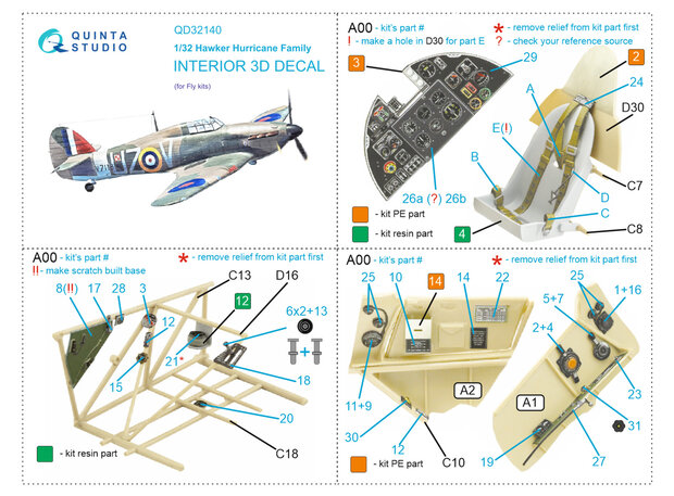 Quinta Studio QD32140 - Hawker Hurricane Family 3D-Printed & coloured Interior on decal paper (for Fly) - 1:32