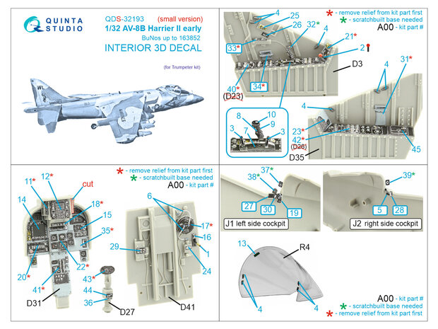 Quinta Studio QDS-32193 - AV-8B Harrier II early 3D-Printed & coloured Interior on decal paper (for Trumpeter) - Small Version - 1:32