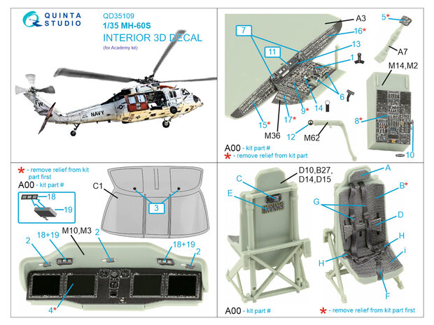 Quinta Studio QD35109 - MH-60S 3D-Printed & coloured Interior on decal paper (for Academy kit) - 1:35