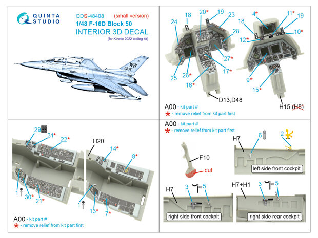 Quinta Studio QDS-48408 - F-16D block 50 3D-Printed & coloured Interior on decal paper (for Kinetic 2022 tool) - Small Version - 1:48