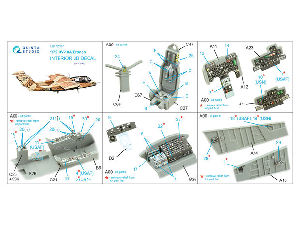 Quinta Studio QD72107 - OV-10A Bronco 3D-Printed & coloured Interior on decal paper (for ICM kit) - 1:72