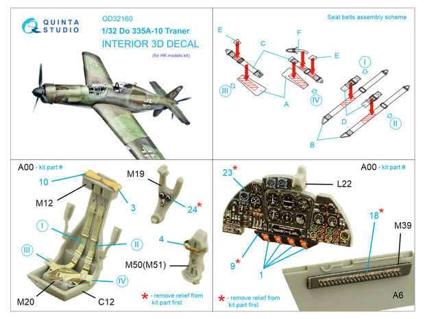 Quinta Studio QD32160 - Do 335A-10 3D-Printed & coloured Interior on decal paper (for HK models kit) - 1:32