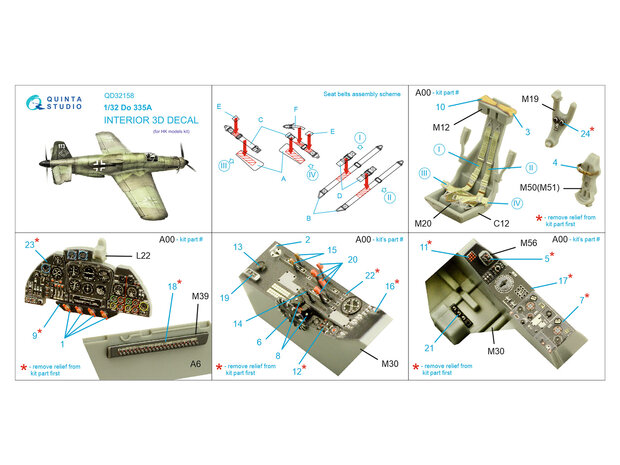 Quinta Studio QD32158 - Do 335A 3D-Printed & coloured Interior on decal paper (for HK models kit) - 1:32