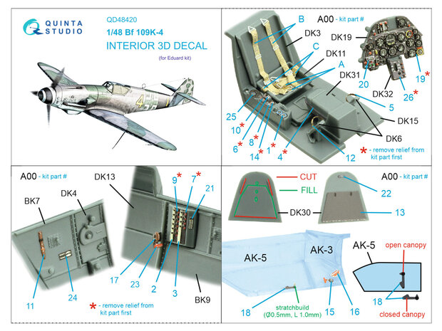 Quinta Studio QD48420 - Bf 109K-4 3D-Printed & coloured Interior on decal paper (for Eduard kit) - 1:48