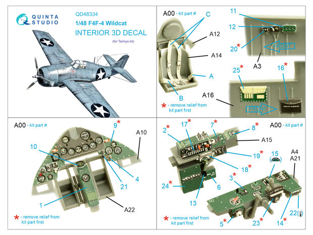 Quinta Studio QD48334 - F4F-4 Wildcat 3D-Printed & coloured Interior on decal paper (for Tamiya kit) - 1:48