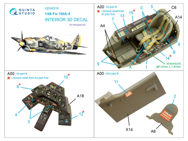 Quinta Studio QD48316 - Fw 190A-4 3D-Printed & coloured Interior on decal paper (for Hasegawa kit) - 1:48