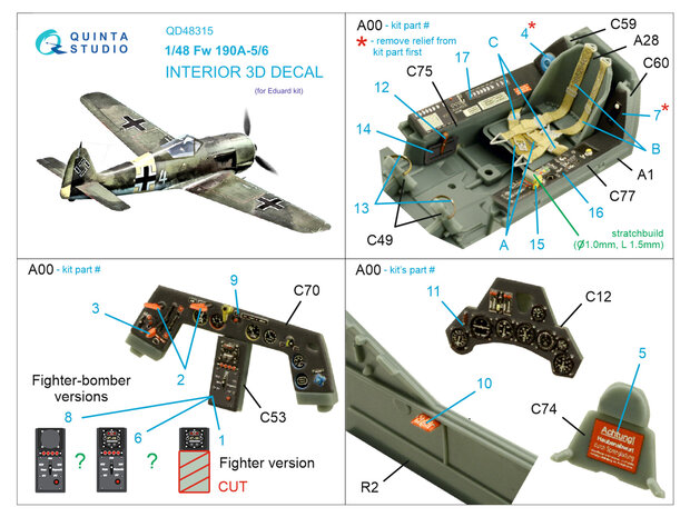 Quinta Studio QD48315 - Fw 190A-5/6 3D-Printed & coloured Interior on decal paper (for Eduard kit) - 1:48