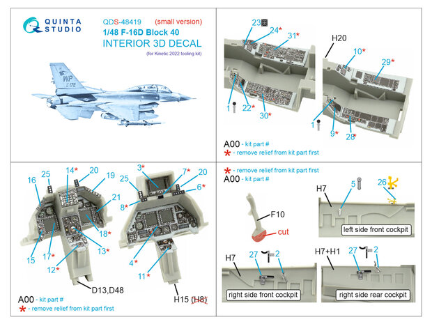 Quinta Studio QDS-48419 - F-16D block 40 3D-Printed & coloured Interior on decal paper (for Kinetic 2022 tool kit) - 1:48