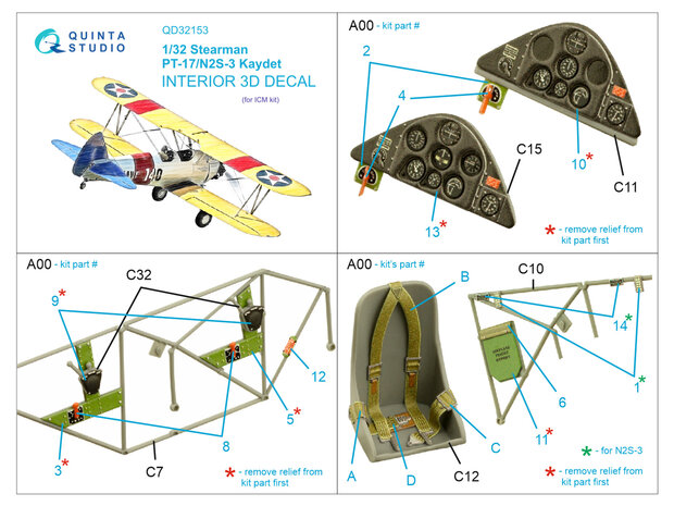 Quinta Studio QD32153 - Pt-17/N2S-3 Kaydet 3D-Printed & coloured Interior on decal paper (for ICM kit) - 1:32