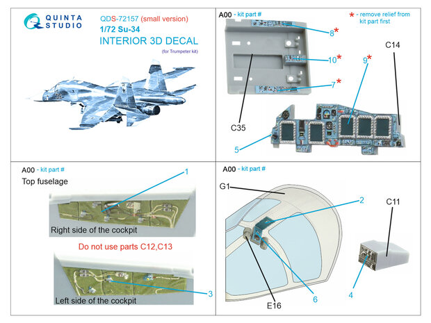 Quinta Studio QDS-72157 - Su-34 3D-Printed & coloured Interior on decal paper (for Trumpeter kit)- Small Version - 1:72