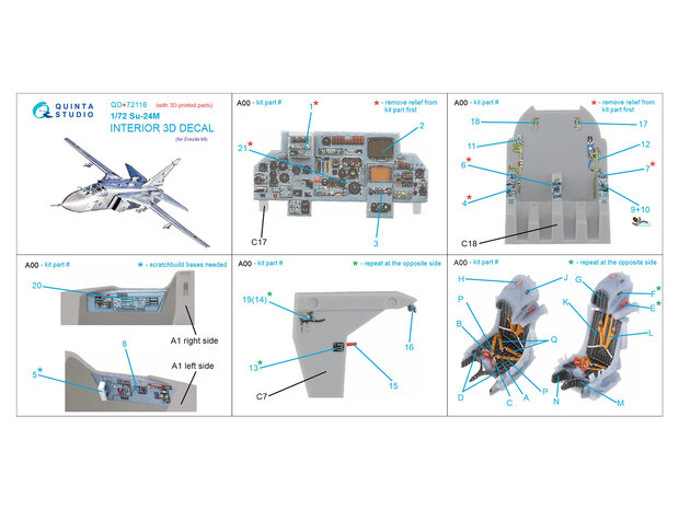 Quinta Studio QD+72116 - Su-24M 3D-Printed & coloured Interior on decal paper (for Zvezda kit) (with 3D-printed resin part) - 1:72