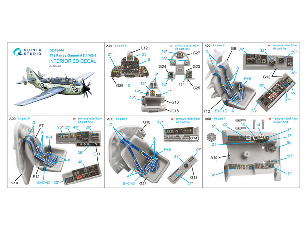 Quinta Studio QD48444 - Fairey Gannet AS.1_AS.4 3D-Printed & coloured Interior on decal paper (for Airfix kit) - 1:48