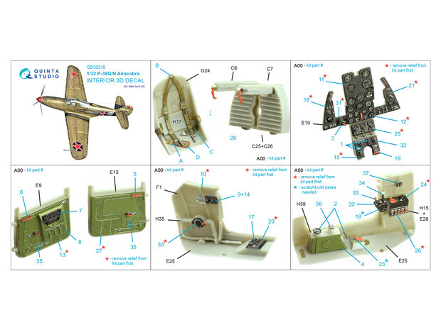 Quinta Studio QD32216 - P-39Q/N Airacobra 3D-Printed & coloured Interior on decal paper (for KittyHawk kit) - 1:32