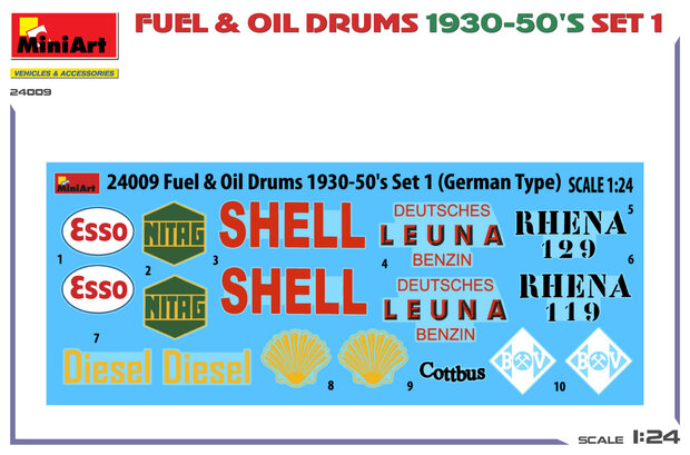 MiniArt 24009 - FUEL & OIL DRUMS 1930-50’S SET 1. GERMAN TYPE - 1:24