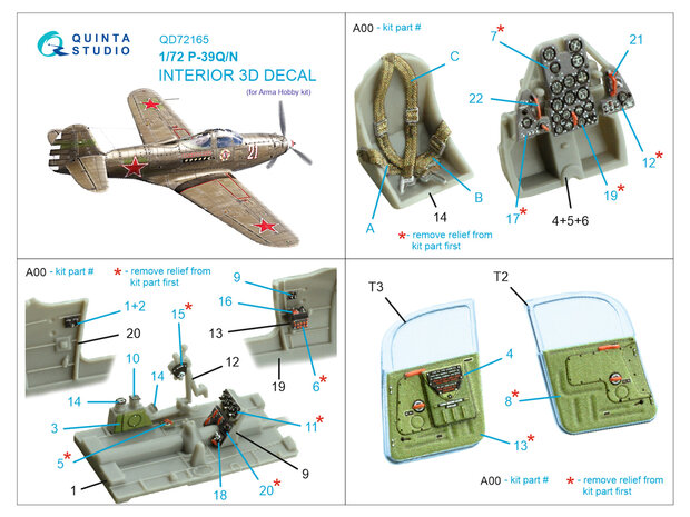 Quinta Studio QD72165 -   P-39Q/N Airacobra 3D-Printed & coloured Interior on decal paper (Arma Hobby) - 1:72