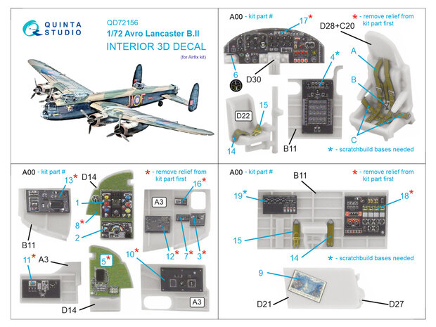 Quinta Studio QD72156 -  Avro Lancaster B.II 3D-Printed & coloured Interior on decal paper (Airfix) - 1:72