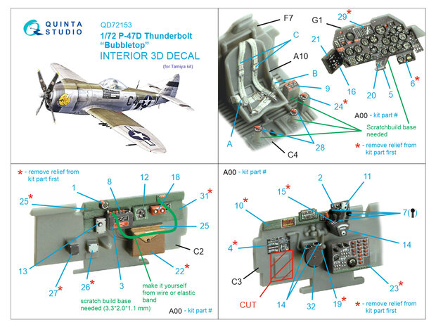 Quinta Studio QD72153 -  P-47D Thunderbolt  Bubbletop 3D-Printed & coloured Interior on decal paper (Tamiya) - 1:72