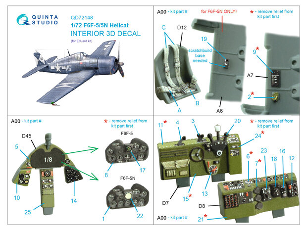 Quinta Studio QD72148 -  F6F-5 Hellcat 3D-Printed & coloured Interior on decal paper (Eduard) - 1:72