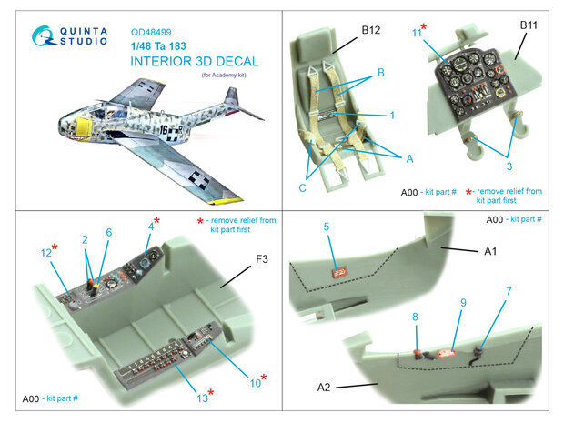 Quinta Studio QD48499 -  Ta 183 3D-Printed & coloured Interior on decal paper (Academy) - 1:48