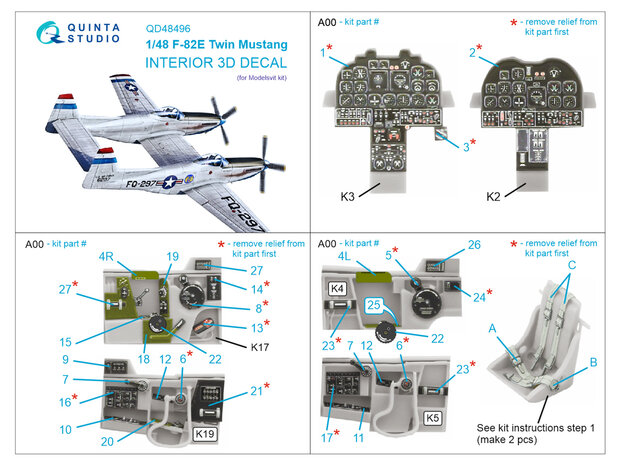 Quinta Studio QD48496 -  F-82E Twin Mustang 3D-Printed & coloured Interior on decal paper (Modelsvit) - 1:48