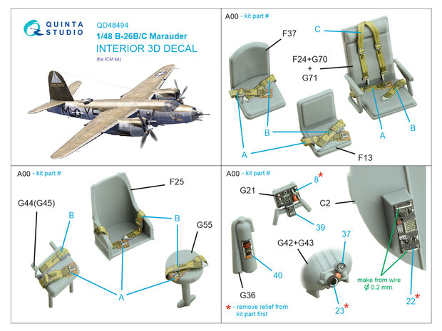 Quinta Studio QD48494 -  B-26B/C Marauder 3D-Printed & coloured Interior on decal paper (ICM) - 1:48