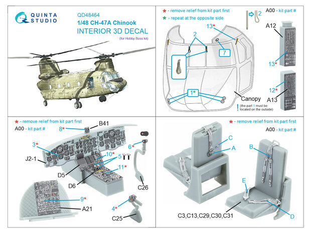 Quinta Studio QD48464 -  CH-47A 3D-Printed & coloured Interior on decal paper (HobbyBoss) - 1:48