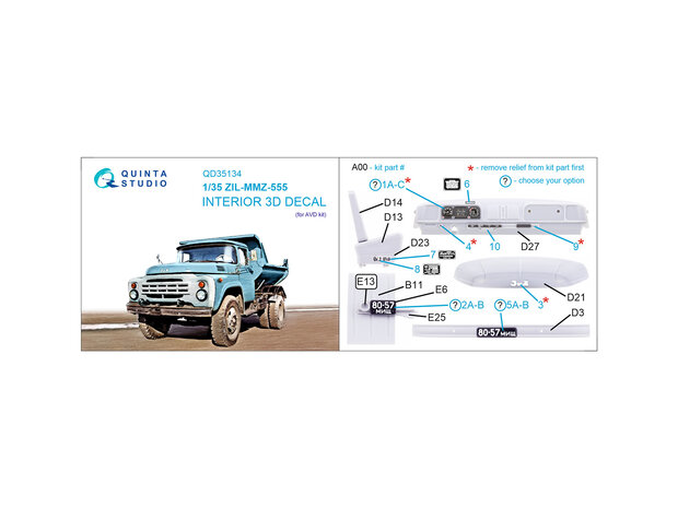 Quinta Studio QD35134 -  ZIL-MMZ-555 3D-Printed & coloured Interior on decal paper (AVD) - 1:35