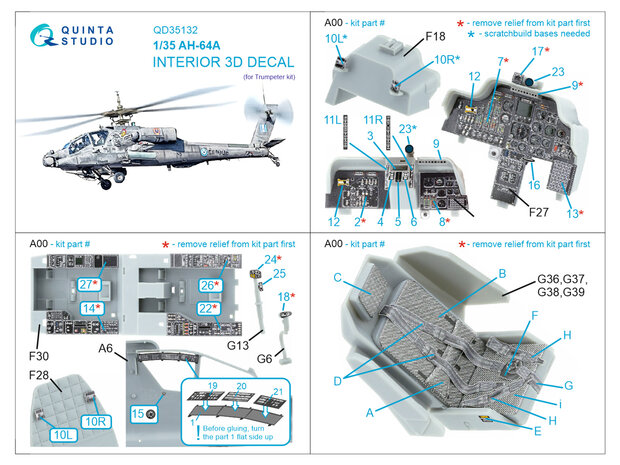 Quinta Studio QD35132 -  AH-64A 3D-Printed & coloured Interior on decal paper (Trumpeter) - 1:35