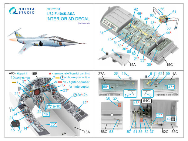 Quinta Studio QD32181 -  F-104S-ASA 3D-Printed & coloured Interior on decal paper (Italeri) - 1:32