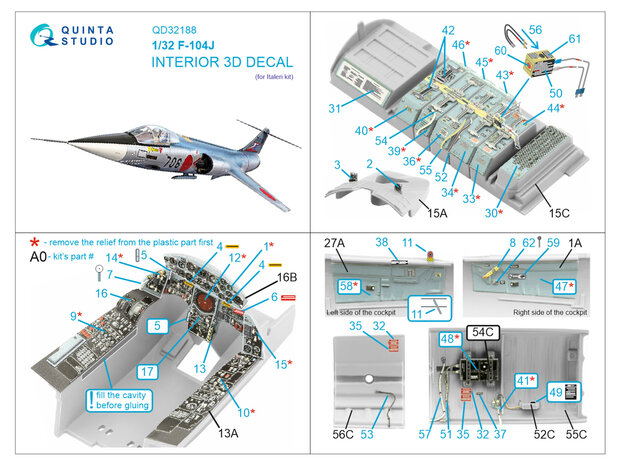 Quinta Studio QD32188 -  F-104J 3D-Printed & coloured Interior on decal paper (Italeri) - 1:32